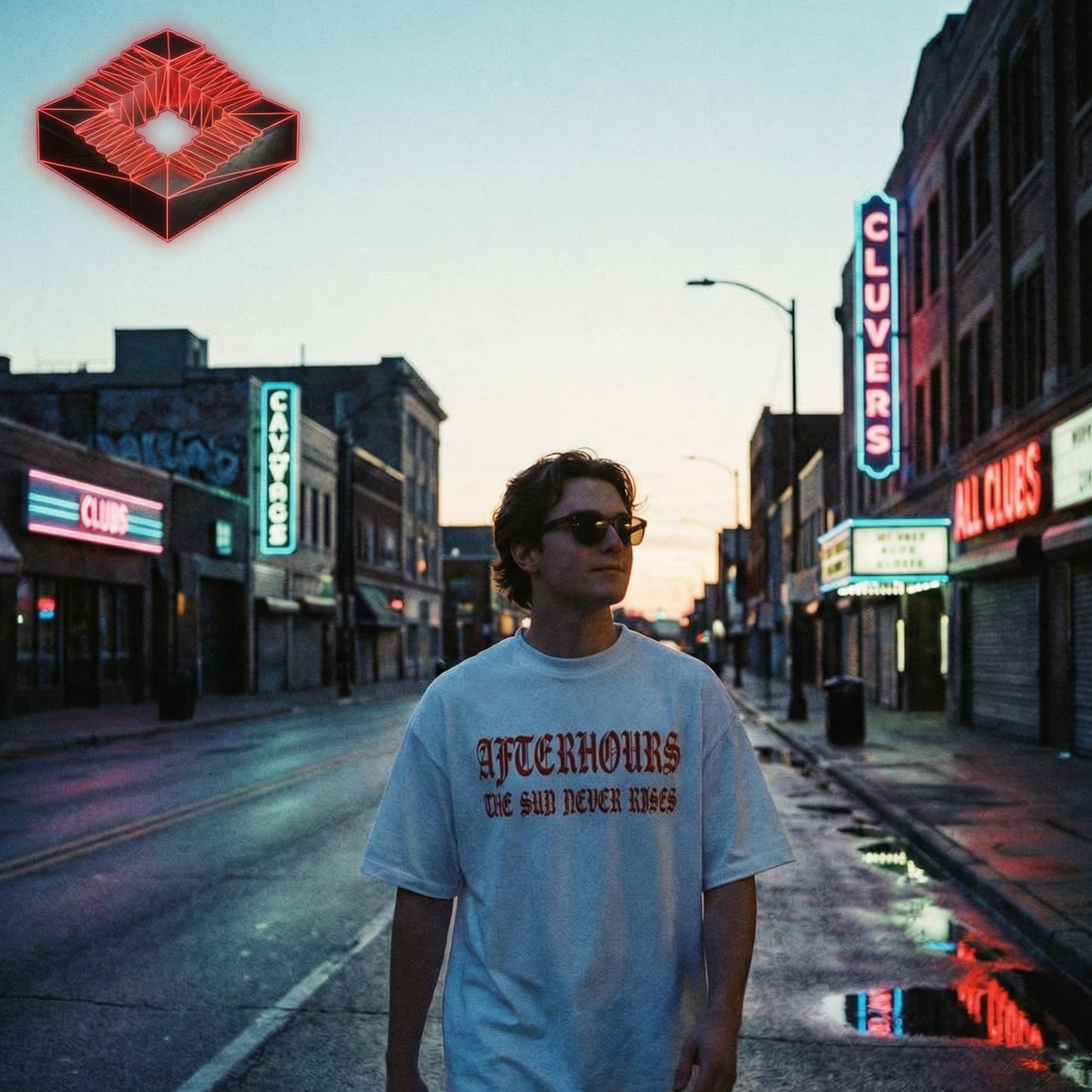 Person wearing a 'Afterhours' t-shirt on a city street with neon signs at dusk.